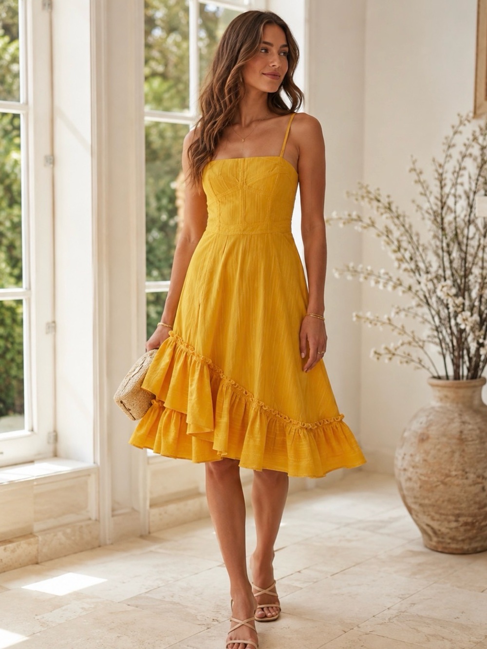 Derek Lam 10 Crosby Marigold Yellow Cotton Ruffle Midi Dress Size 2